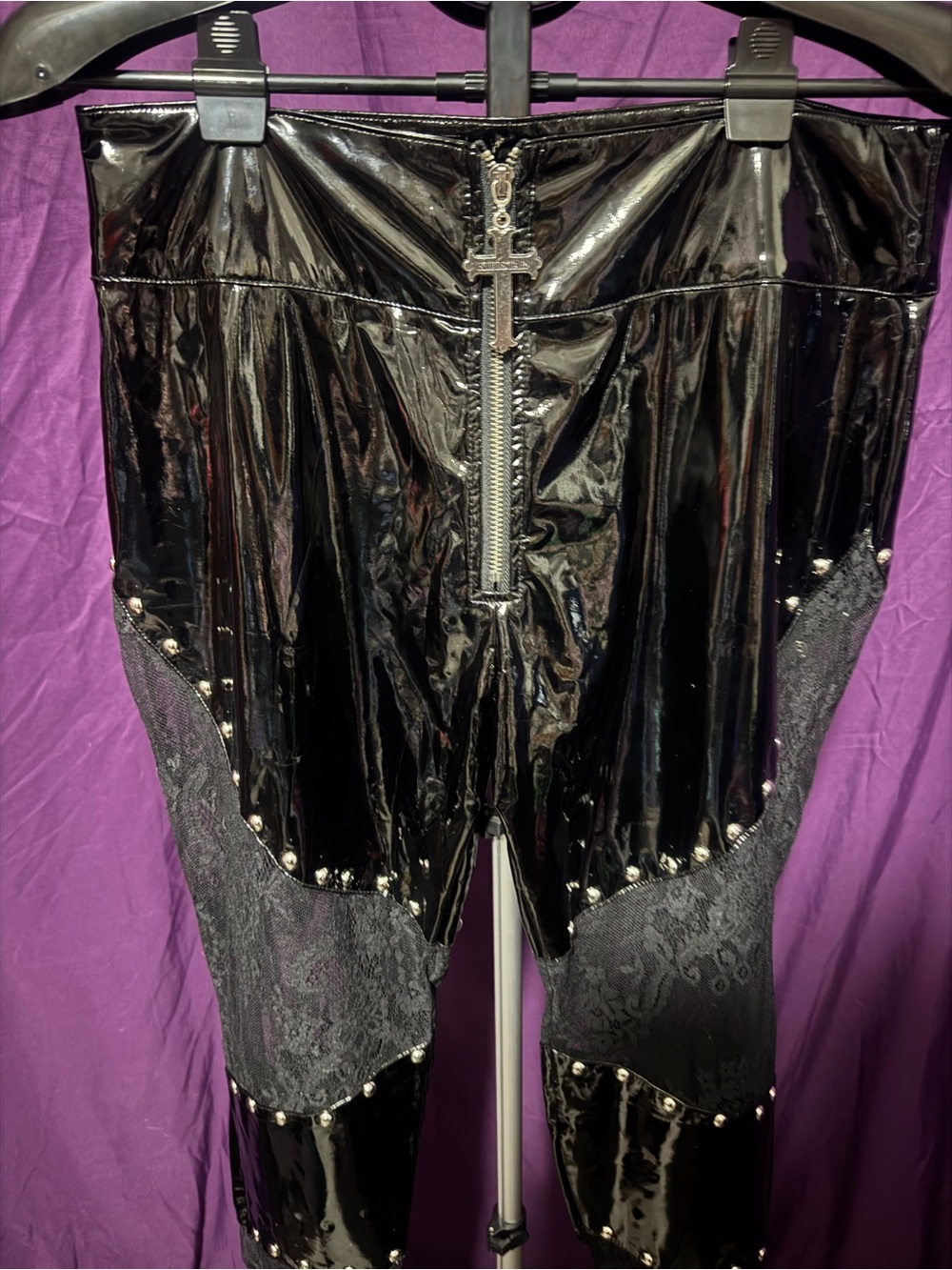 Killstar Black Patent Vinyl pants with cross zipper - Picture 2 of 6